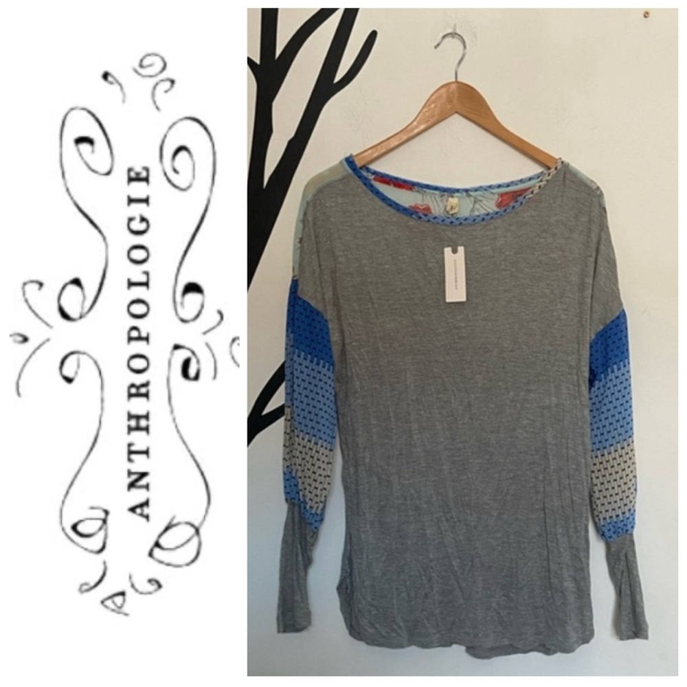 NWT Anthropologie Tiny grey and blue floral mixed media balloon sleeved top